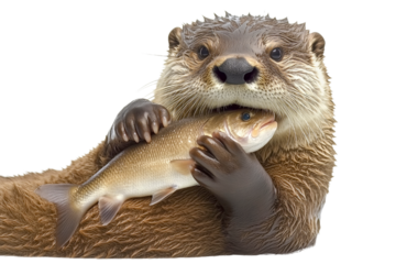 Cute otter holding fish, transparent background.