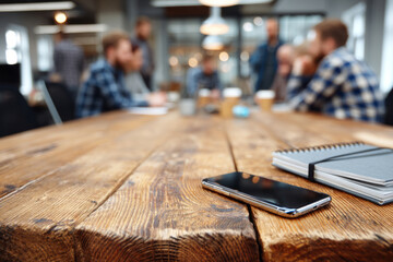 Smartphone on rustic wooden desk in modern open office