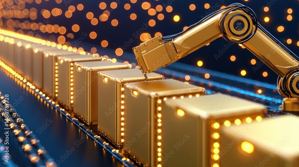 Poster robotic arm assembling golden boxes on a futuristic conveyor belt