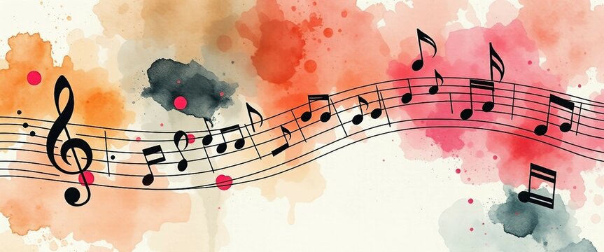 Flie&szlig;ende Notenlinien auf farbenfrohem Aquarell-Hintergrund &ndash; kreativ, musikalisch und emotional gestaltet.