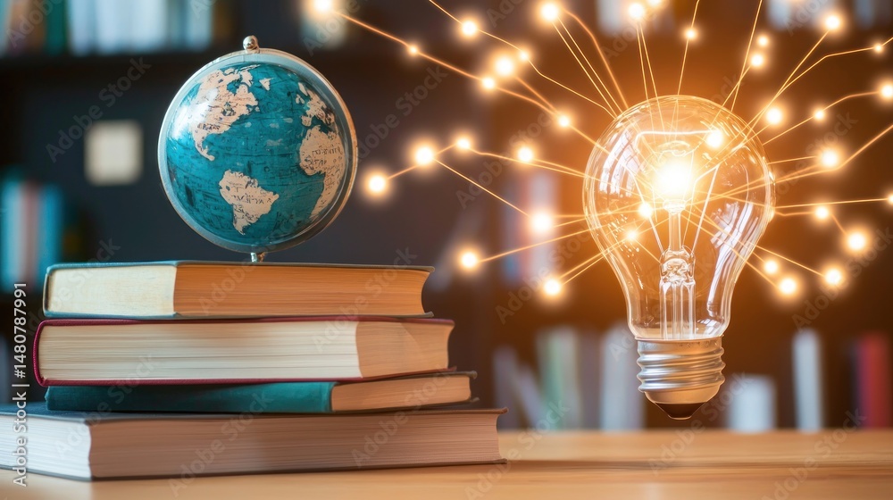 Aufkleber globe and books rest near a lit up lightbulb