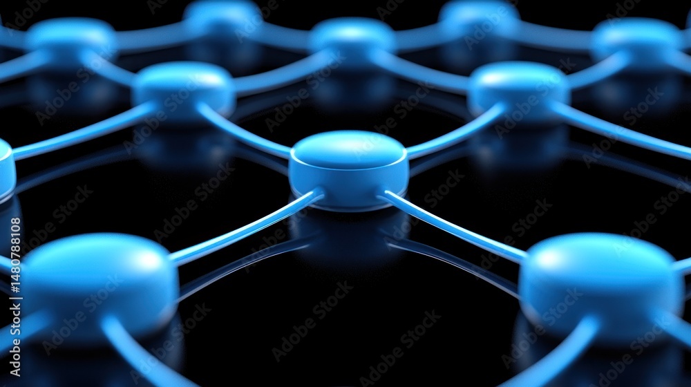 Poster Blue interconnected network with glossy black background representation