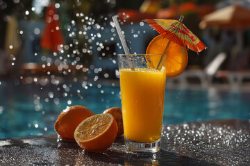 Tropical cocktail with umbrella by pool