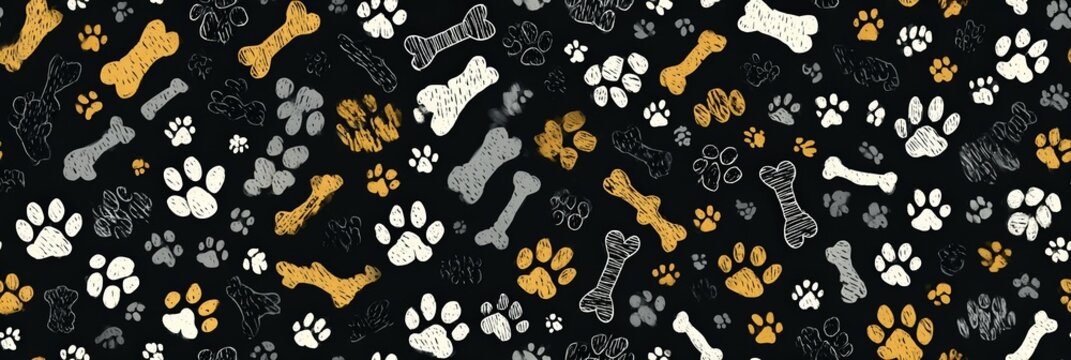 Playful seamless pattern with hand-drawn style dog bones and paw prints in beige, gold, grey and black on a dark background