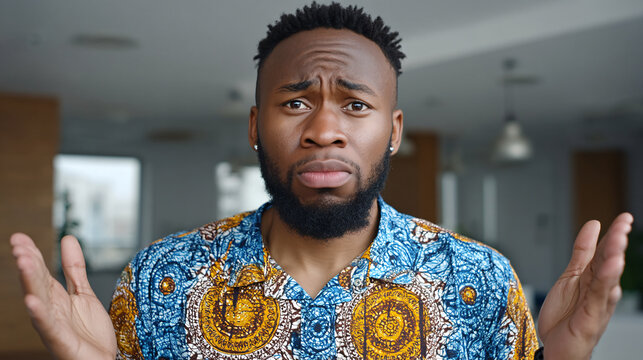 Young african american man expressing confusion with hands raised in a questioning gesture indoors.