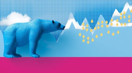 Surreal polar bear with abstract stock market decline concept on colorful background
