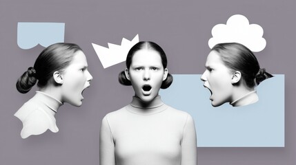 Surreal portrait of woman expressing emotions with abstract elements