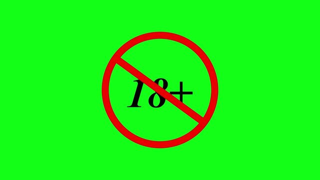 18+ continent are disallowed video footage on  green background, 18 plus icon sign animation on dark background. Under 18 sign warning symbol. Over 18 only censored. eighteen age older. 4K animation