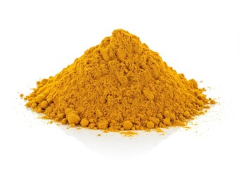 Pile of vibrant yellow turmeric powder isolated on a clean white background for culinary use