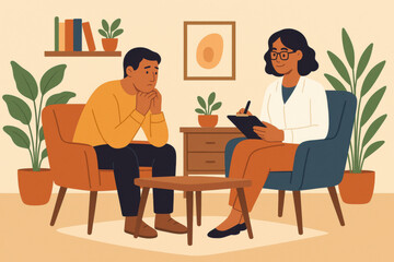 Illustration of a male client sitting in an orange chair, expressing concern while a female therapist in a white coat takes notes in a blue chair, creating a supportive environment