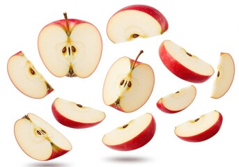 Slices of a fresh red apple floating on a white background showing the fruit's texture and seeds