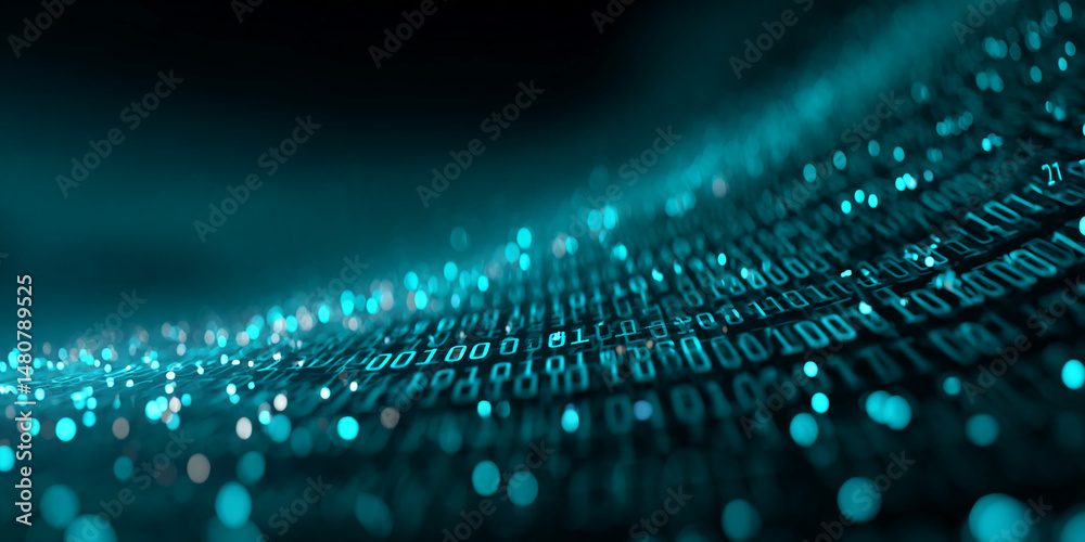 Poster abstract teal digital data stream, flowing wave of binary code, glowing particles, dark background, 