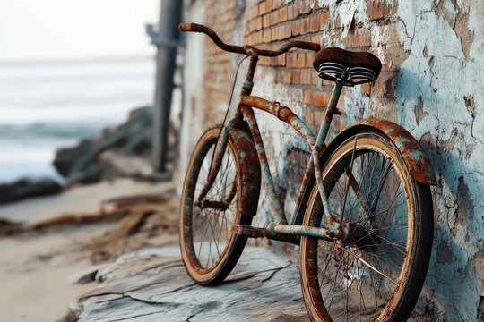 A rusty vintage bicycle leans against a weathered brick wall by the ocean, evoking a sense of nostalgia and timelessness.