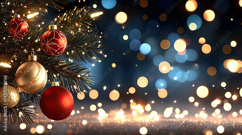 Aufkleber ornaments hanging from christmas tree with bokeh background