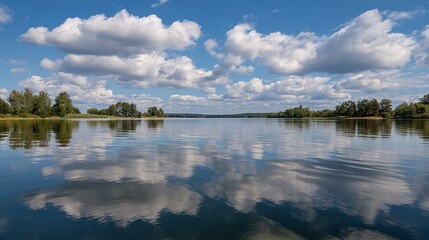 Fototapeta premium Reflections on a tranquil lake under a bright blue sky and white clouds