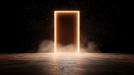 A glowing rectangular portal stands on a reflective floor with atmospheric dust and fog effect.