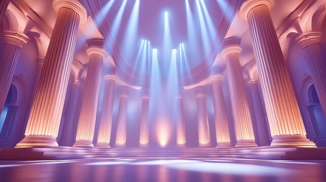 An elegant hall filled with tall fluted columns shines brightly