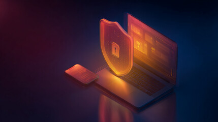 Laptop, phone, and glowing shield showcase online security, symbolizing digital protection and data privacy for safe internet usage
