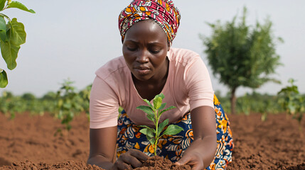 Focused african woman plants seedling in fertile soil, ensu growth and future prosperity outdoors.