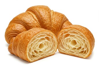 Fototapeta premium A golden brown croissant and a halved croissant on a white surface in a studio setting
