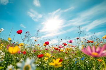 Colorful wildflowers blooming in a sunny meadow under a bright blue sky with fluffy clouds, capturing the essence of spring and nature