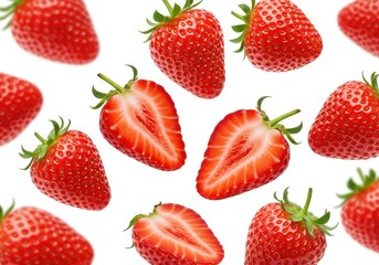 Scattered strawberries with some cut in half on a white background create a vibrant pattern