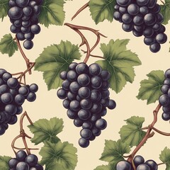 Vintage Grape Vine Pattern Dark Purple Fruit and Green Leaves, Botanical , Seamless