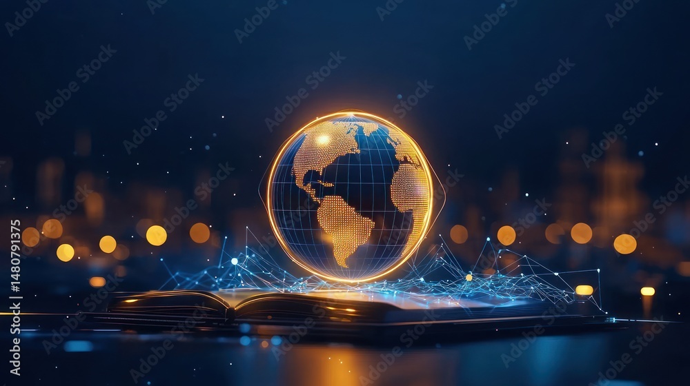 Aufkleber an open book projects a glowing globe and connections