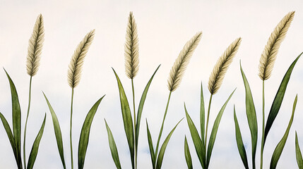 Watercolor illustration features six stems of delicate pampas grass against a white background.