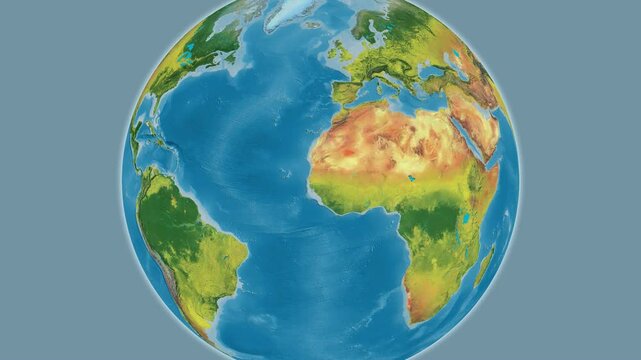 Senegal on the globe. Outline. Topographic map. No labels