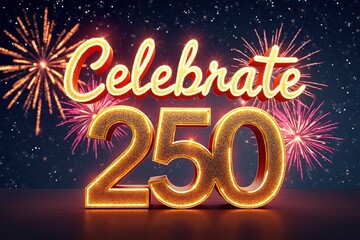 Celebrating 250 Years of U.S. Army - Glowing golden "250" with "Celebrate" and fireworks against night sky, perfect for anniversary - themed military events and commemorative campaigns.