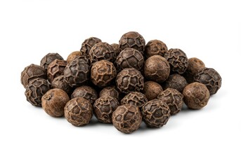 Obraz premium Pile of dried black peppercorns showing their textured surface on a white background