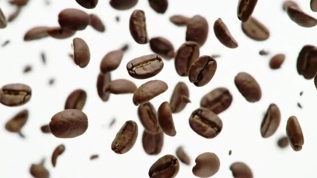 Coffee beans scattered, then a cup of coffee is seen. A simple video to show the pleasure and purity of coffee.  Generative AI.