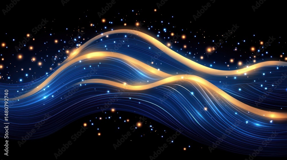 Poster abstract golden and blue flowing lines with sparkling dots