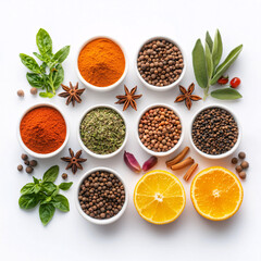 A colorful array of aromatic spices and fresh herbs are displayed beautifully on a white surface.