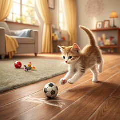 a kitten chasing a small soccer ball across the