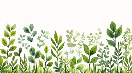 Watercolor illustration of vibrant green foliage creating a botanical border against white space.