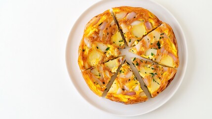 Top down view of Frittata di Patate fluffy Italian potato omelet onions herbs sliced arranged white plate plain white background Classic dish central Italy cut out on isolated transparent background
