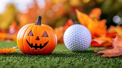 Halloween pumpkin and golf ball on artificial green grass