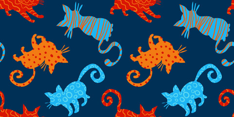 modern seamless pattern with abstract cat silhouettes in playful red, orange and blue artistic textures on dark blue background – textile and surface design