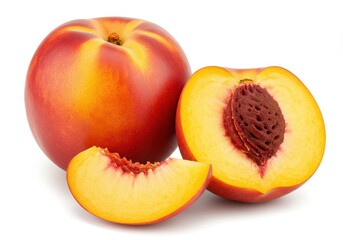 Close up of a whole nectarine with a halved fruit and a slice on a white background