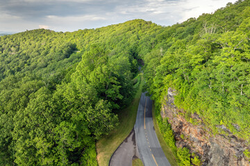 Mountain pass road in North Carolina Appalachian mountains, USA. Blue Ridge Parkway in summer rain season