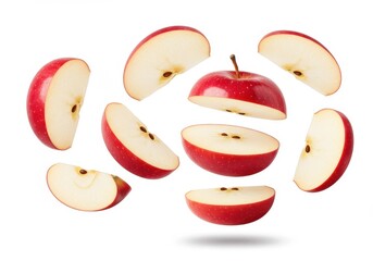 Several slices of a red apple are floating in the air against a white background