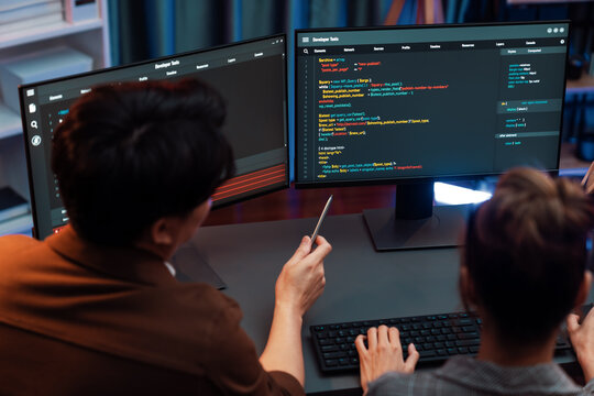 Smart IT developer looking at coding program application on computer screen of online website at back side, analyzing intelligent database system development on business marketing at office. Infobahn.