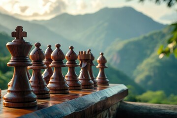 A chess game is in progress against a mountainous backdrop; chess pieces are artistically captured in low-light.