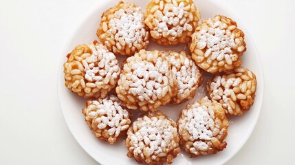 Top down view of Frittelle di Riso Italian rice fritter dusted powdered sugar arranged white ceramic plate plain white background Traditional Italian carnival treat Sicily cut out isolated transparent