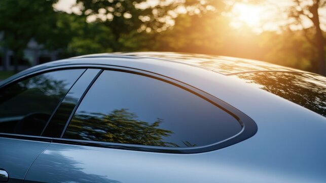 Sleek car design tinted windows sunroof sunlight reflection
