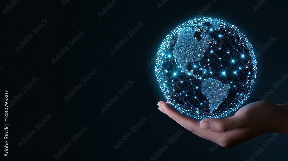 Poster Illuminated digital globe resting gently on an open human hand