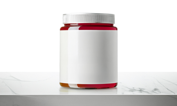 Mockup embalagem pote de remédio, suplemento, com rótulo branco e tarjas vermelhas, tampa branco, sobre base cinza e branca, fundo transparente. Branding, mood board para apresentar marca, logomarca.