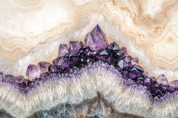A captivating close-up of an amethyst geode showcasing its intricate crystal formations and the surrounding banded agate patterns, offering a beautiful mineral display.
